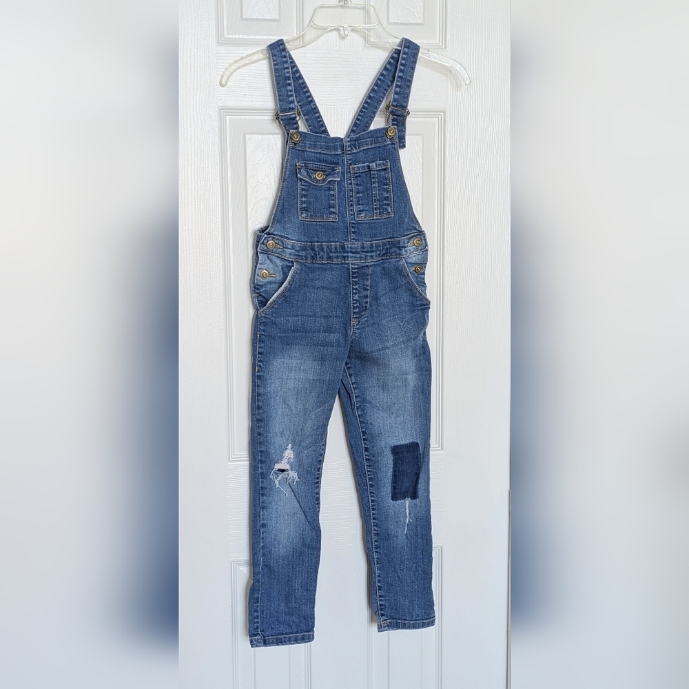 Zara Girl Kids (7) Blue Jean/Denim Distressed Overalls w/Imperfection Accents